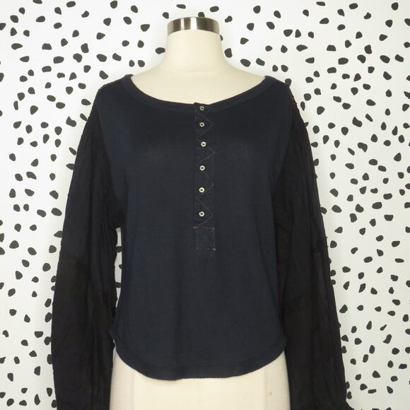 Free People Navy Mixed Media Light Magic Henley Balloon Sleeve Top - Picture 5 of 12